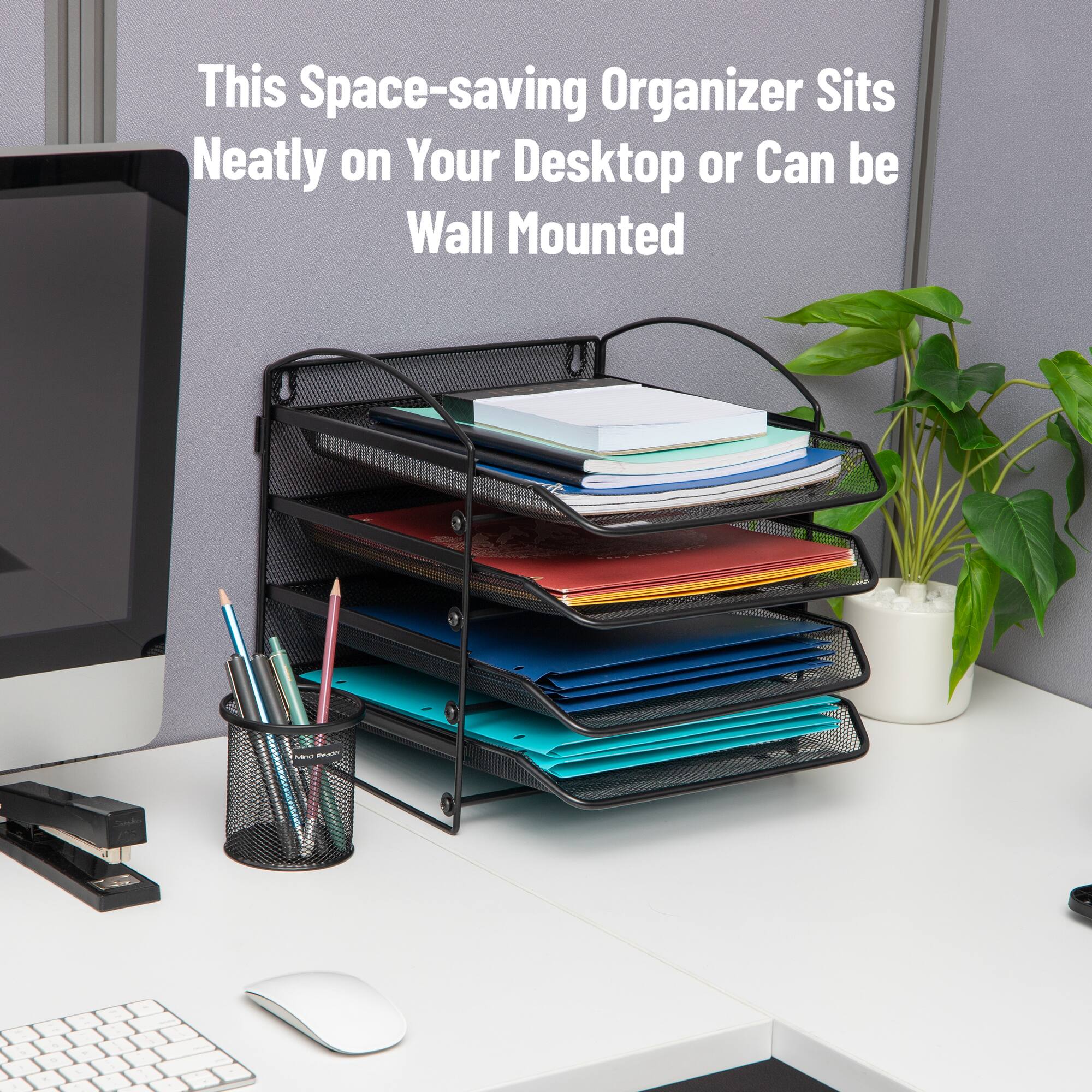 Mind Reader Paper Tray, Desktop Organizer, File Storage, Wall Mountable, Office, Metal Mesh, 11.5"L x 14.25"W x 11.5"H, Black